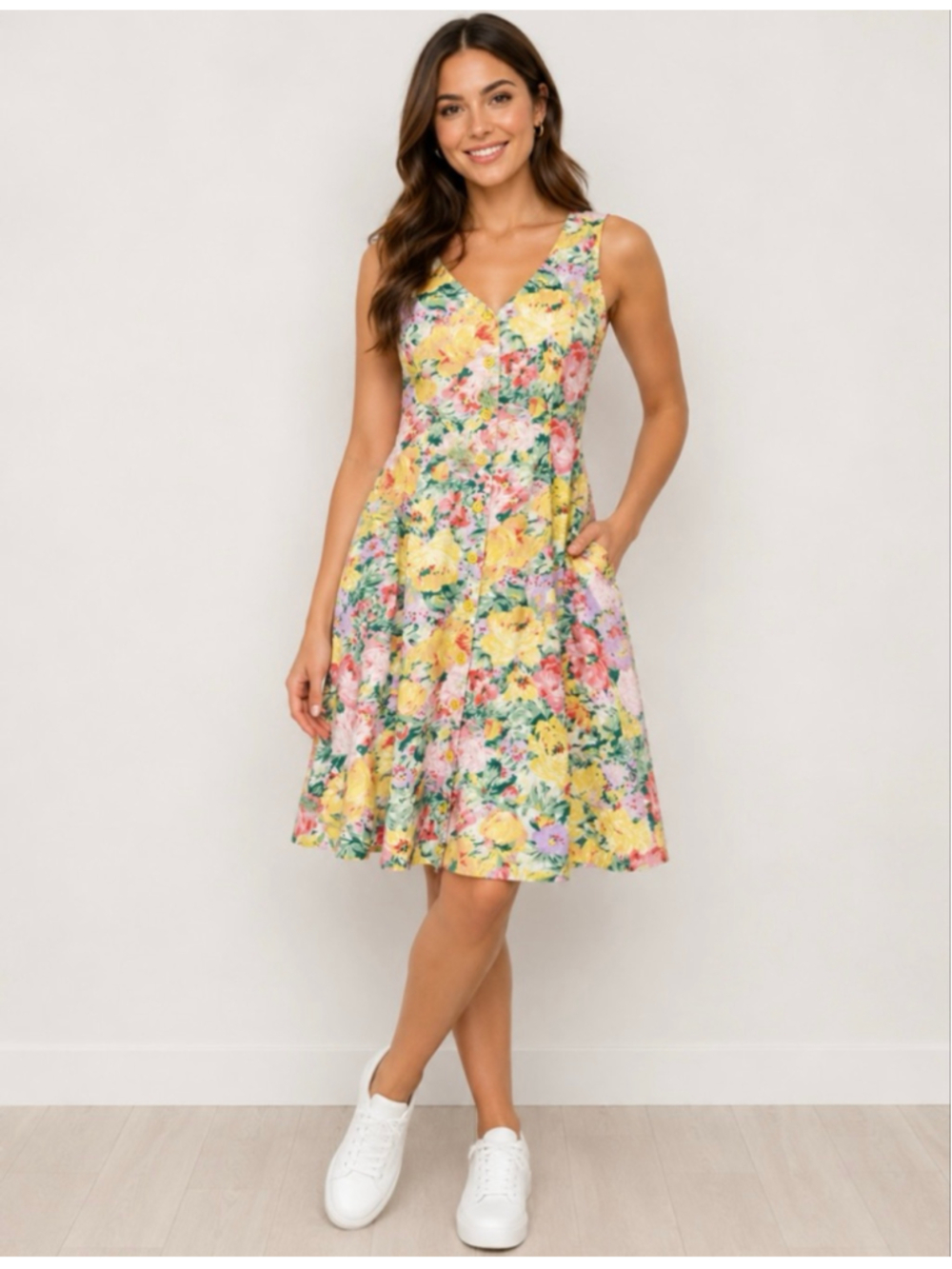 90s Pastel Floral Sleeveless Yellow Pink Green Button Front A-Line Sundress